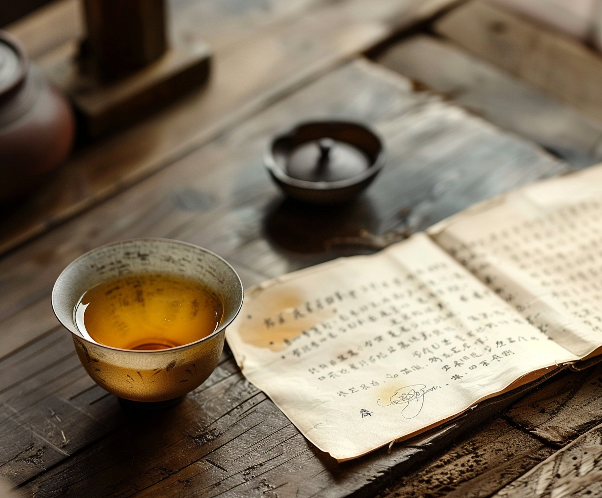 Tasse de thé Pu-erh sur une table en bois à côté d'une lettre manuscrite.