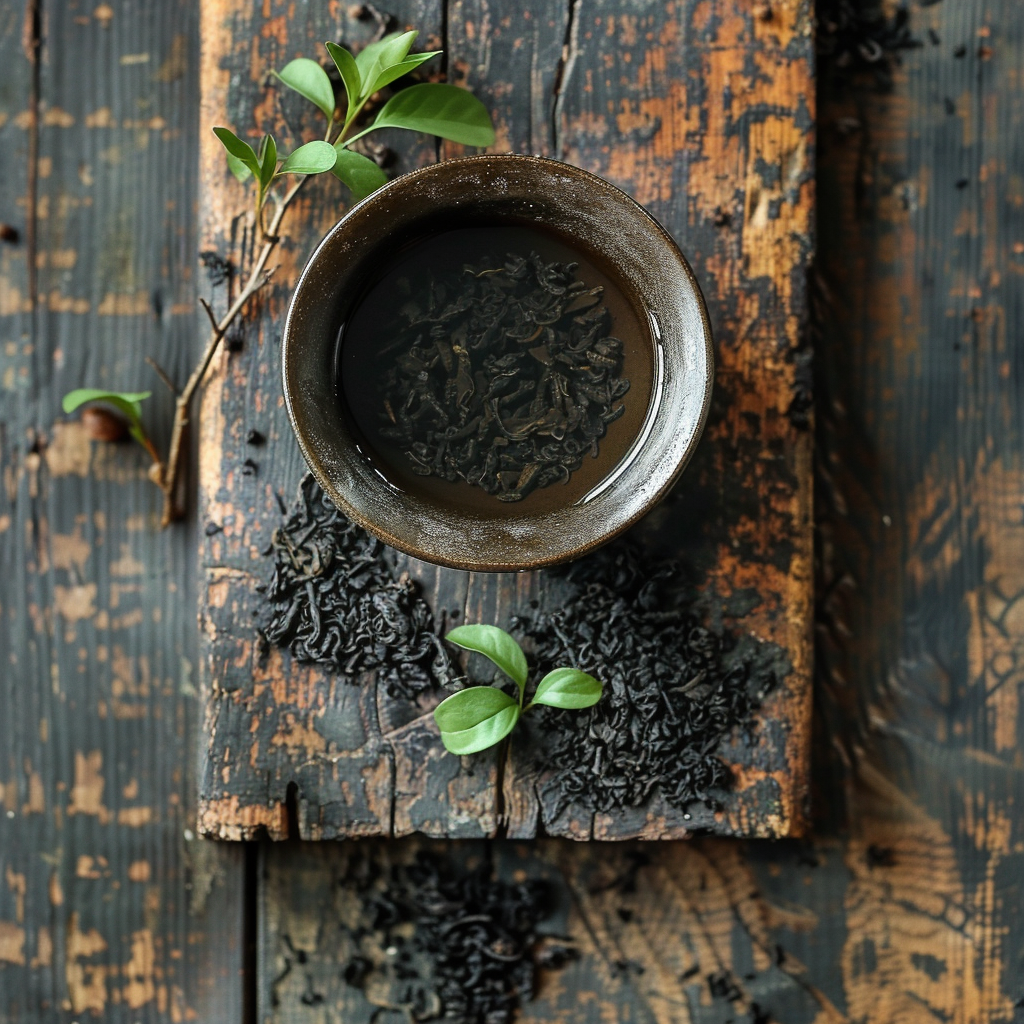 Bol de thé noir sur une planche en bois rustique, entouré de feuilles de thé séchées et de quelques pousses vertes.